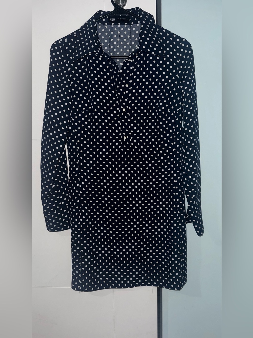 Zara Blue and White Polka Dot Long Sleeve Shirt Dress